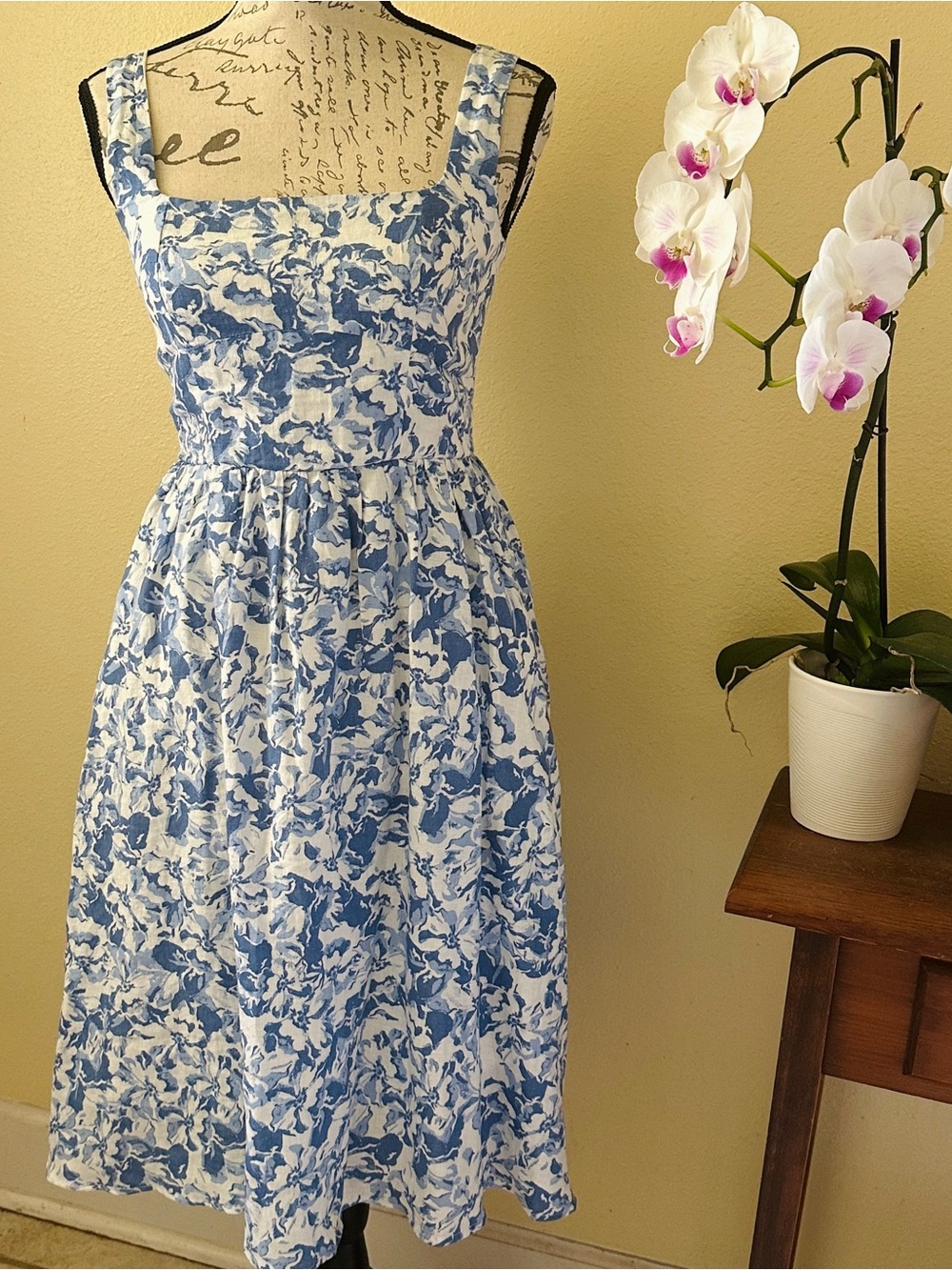 Quince Blue Floral Linen Midi Dress with Pockets